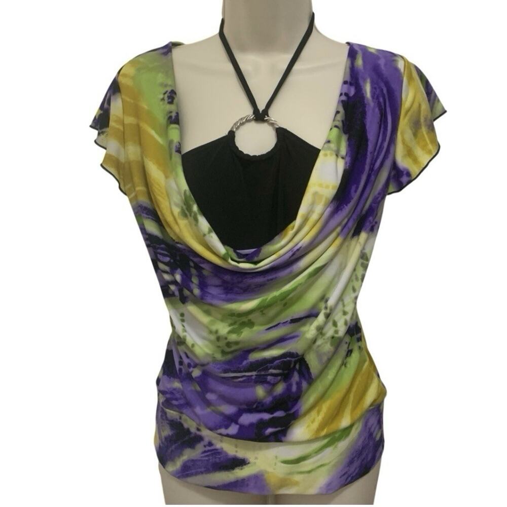 IZ Byer Y2K Layered Halter Top Ring Detail Drapey Colorful Size Small